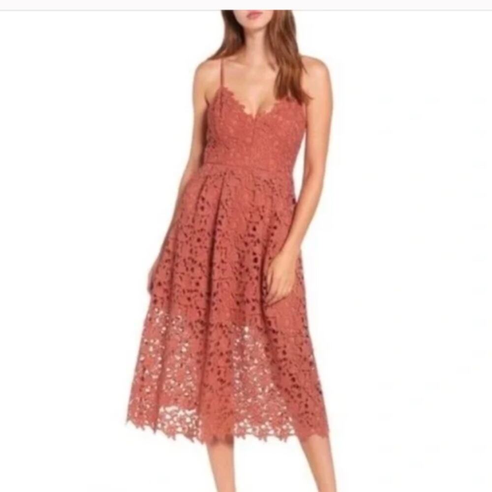 ASTR the label coral pink Lace midi dress  Fall Pumpkin photo wedding guest S